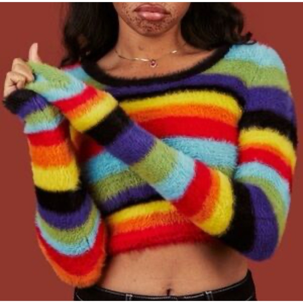 UNIF Stax Sweater Rainbow Stripe Fuzzy Pride Knit Crop Top Twee Cozy Funky Y2K S
